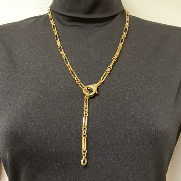 NEW 18k Real Gold Plated Paper Clip 25 inch Chain Large Cubic Zirconia Clasp - Picture 1 of 14